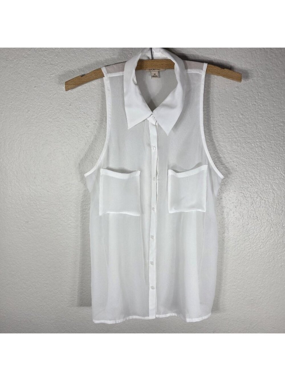 Decree White Sleeveless Sheer Button Front Top Womens Size M Collared Pockets